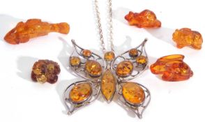 Modern large 925 stamped amber open work butterfly brooch/pendant, the outstretched wings