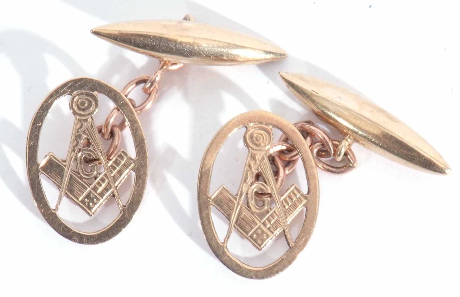 Pair of 9ct gold Masonic cuff links, the oval pierced plaques with ruler and divider symbol, chain - Image 3 of 3