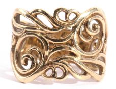 Modern 9ct gold open work scroll designer ring, marked 'QVC', 6.4gms g/w, size P/Q