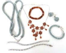 Mixed Lot: cased 925 and amber modern drop necklace, two 925 marked line bracelets, paste and