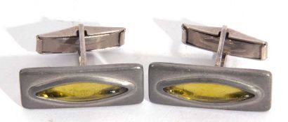 Pair of George Jensen vintage pewter cuff links, yellow and glass inserts, swivel fittings