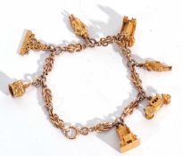 9ct gold fancy link bracelet suspending seven 9ct gold charms relating to the 1953 Coronation to