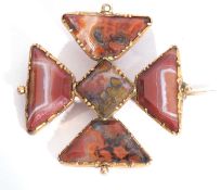 Antique Maltese cross brooch, the yellow metal frame with plaques of mottled and banded red