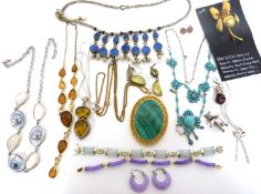Mixed Lot: malachite large pendant, lapis lazuli necklace, abalone and shell necklace, a 14k stamped