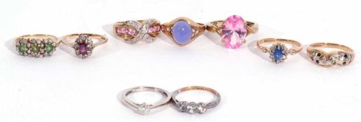 Mixed Lot: five small 9ct diamond set rings, together with four paste set rings, g/w 21.3gms