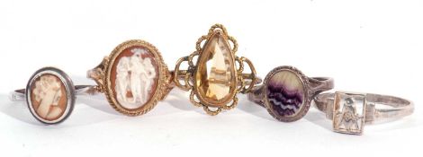 Mixed Lot: 9ct gold cameo ring depicting the Three Graces, a white metal blue john panel ring, a