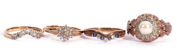 Mixed Lot: 9ct gold small diamond wishbone ring, a 9ct gold and diamond cluster ring, a 9ct gold