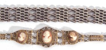 Mixed Lot: silver gate bracelet together with a gilt metal filigree and cameo bracelet