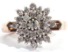 Modern 9ct gold small diamond set cluster ring, featuring 29 small single cut diamonds, all prong