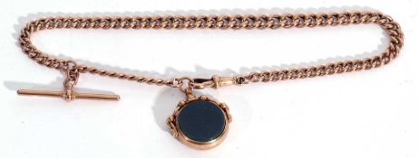 Antique 9ct gold rose gold watch chain, a graduated curb link with clip and T-bar fittings