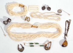 Mixed Lot: three rows of simulated and cultured pearl necklaces, a 14ct stamped cylindrical jade