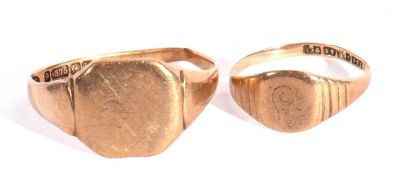 Two 9ct gold signet rings, both plain polished design, (both a/f), 3.9gms g/w