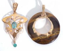 Mixed Lot: 9ct stamped open work pendant set with two blue stones, together with an agate and yellow