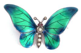 Vintage butterfly brooch, the outstretched wings decorated with green and blue translucent enamel,