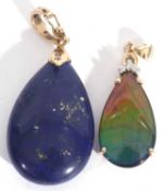 Mixed Lot: lapis lazuli drop pendant with a 9ct gold hinged fitting together with an iridescent