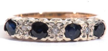 9ct gold sapphire and diamond half hoop ring, alternate set with four round faceted dark sapphires