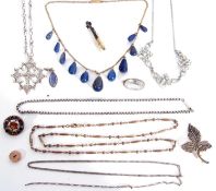 Mixed Lot: white metal open work cross pendant and chain, stamped 800; lapis lazuli bead necklace; a