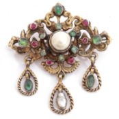 Austro-Hungarian open work brooch centring a baroque pearl and highlighted with small emeralds,