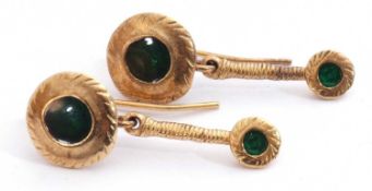 Pair of Italian yellow metal drop earrings, a disc design, the centres with an iridescent green