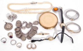 Quantity of mixed jewellery to include a silver sixpence coin bracelet, four ladies wrist watches,