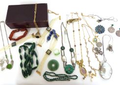 Mixed Lot: Chinese 925 malachite and shell necklace, a swivel fob, Indian seed bracelets, lapis