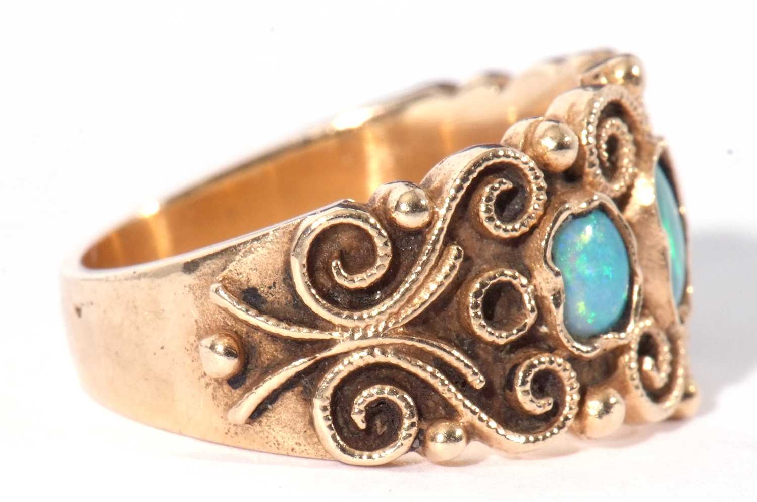 Opal three stone ring, the ornate filigree carved style gallery with three small graduated - Image 7 of 8