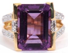 Modern amethyst and diamond ring, the rectangular shaped amethyst 14 x 9 x 6mm approx, the sides