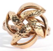 Modern 9ct gold designer ring, a polished textured open work design, stamped QVC, 3.2gms