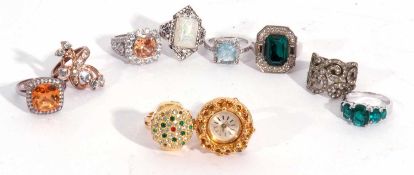 Mixed Lot: five 925 marked rings, paste set, two gilt metal watch rings together with three others