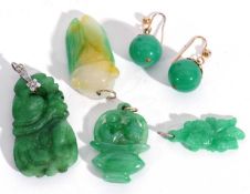 Mixed Lot: modern jade to include four carved pendants and a pair of jade type sphere earrings