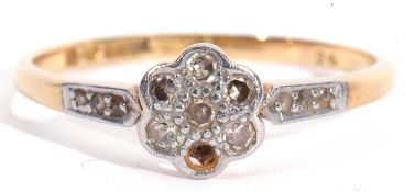 Diamond cluster ring, having a diamond flowerhead centre and shoulders, stamped 18ct and plat (one