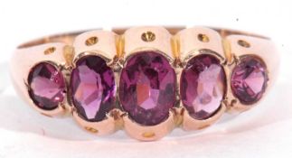 Antique 9ct gold five pink stone ring set with five bezel set matched pink stones, size O
