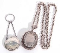 Mixed Lot: Victorian large oval locket engraved to front, suspended on a hallmarked silver chain,
