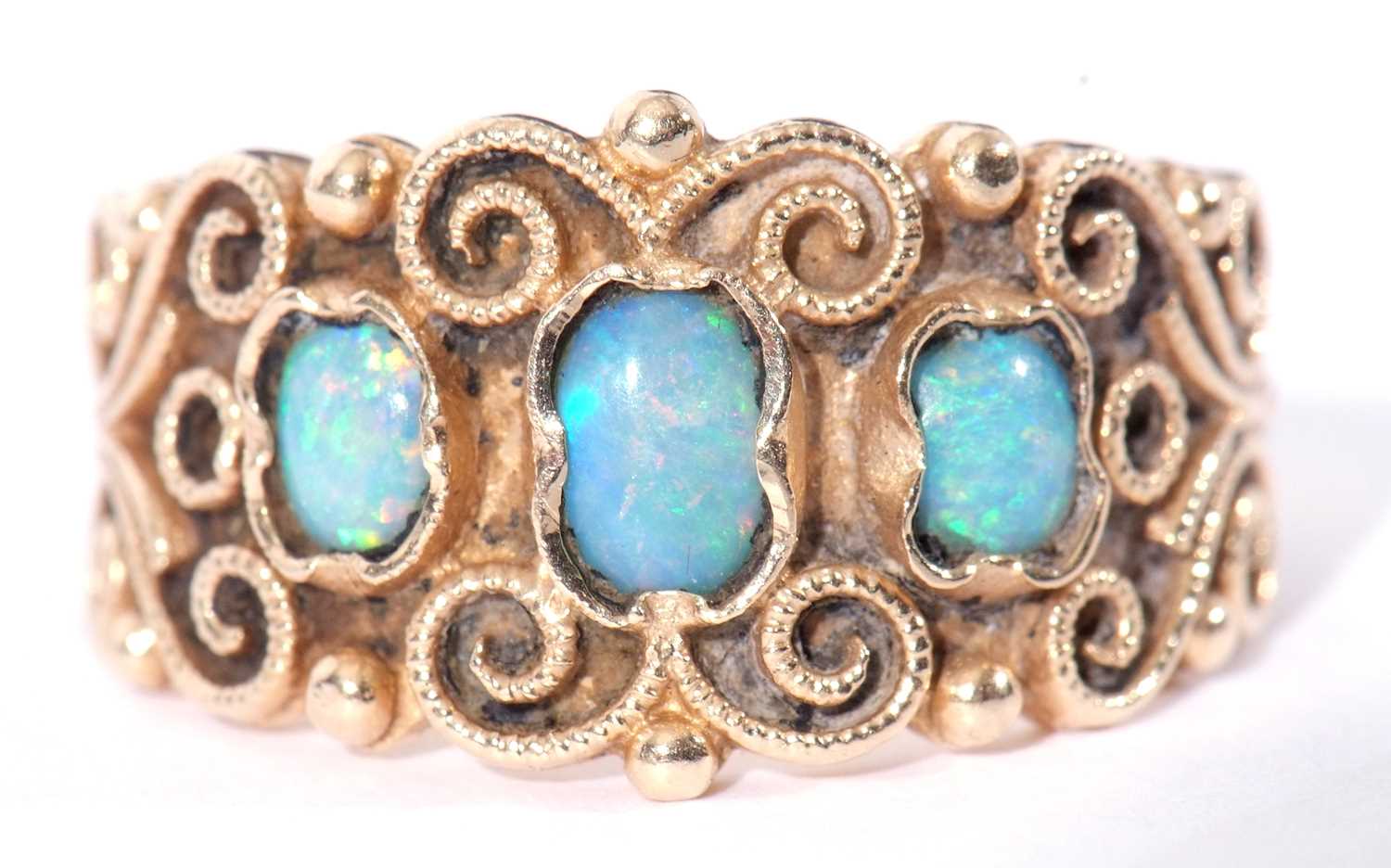 Opal three stone ring, the ornate filigree carved style gallery with three small graduated - Image 2 of 8