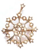 Antique seed pearl open work brooch/pendant, a design with a central seed pearl cluster with further
