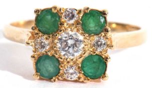 18ct gold diamond and emerald cluster ring, the square shaped panel with five graduated brilliant
