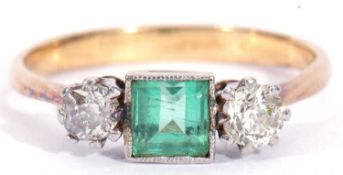 Emerald and diamond three-stone ring, the square stepped emerald (4 x 4mm) framed in millegrain