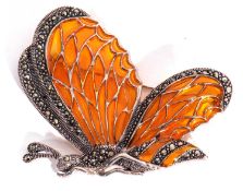 Modern 925 butterfly brooch, the orange coloured closed wings highlighted with small marcasites, 5 x