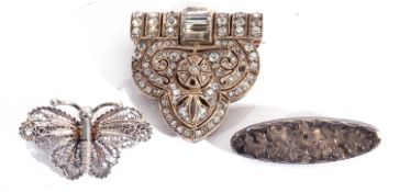 Vintage oval engraved brooch, London 1899; 800 marked filigree butterfly brooch together with a