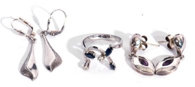 Mixed Lot: German made precious metal, sapphire and diamond set designer ring, a pair of white metal