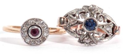 Mixed Lot: ruby and diamond cluster ring, the small bezel round ruby within a small diamond