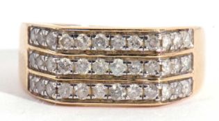 Modern 9ct gold and diamond cluster ring, an angular design with three rows of small single cut
