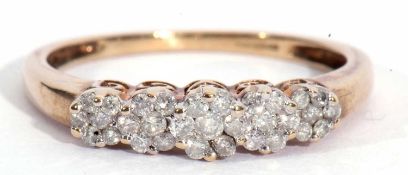 Modern 9ct gold diamond ring, a design featuring five small diamond clusters set in descending