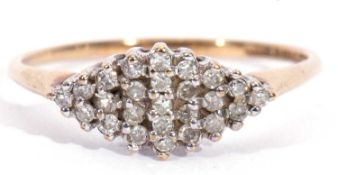 9ct gold and diamond cluster ring of lozenge shape featuring 24 round single cut small diamonds,