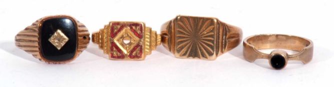 Mixed Lot: 9ct gold onyx and diamond set panel ring, a gents 9ct gold signet ring engraved with a