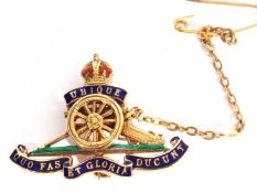 9ct gold and enamel Royal Artillery brooch with Latin script and translucent enamel detail, verso