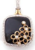 14k stamped white gold, onyx and diamond vintage inspired filigree pendant, a rectangular cushion