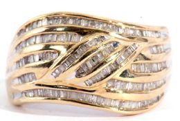 Modern 9ct gold diamond designer ring, a swirl design decorated throughout with bands of small