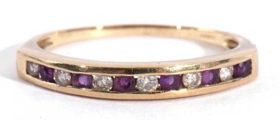 Modern 9ct gold amethyst and diamond half hoop ring, alternate channel set with six round single cut
