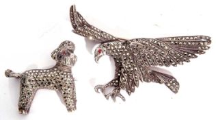 Mixed Lot: two vintage white metal and marcasite brooches, an eagle, and a dog, both with red